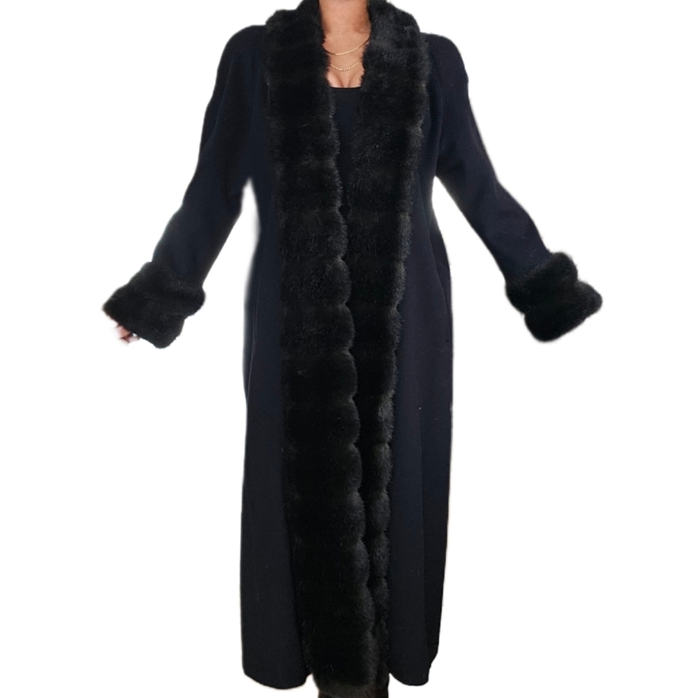 Vintage Wool & Vegan Fur Full Length Long Black Alorna Faux Fur Penny Lane Coat - Picture 4 of 7